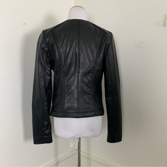Michael Kors Genuine Leather Asymmetrical Zip Moto Jacket  Womens S Butter Black - Picture 8 of 17